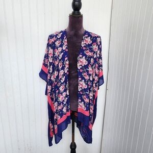 Mario Serrani Blue Pink Floral Batwing Sleeve Open Front Kimono Women's One Size